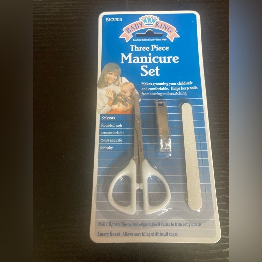 Baby King 3 piece Manicure Set. 4 available.scissors, nail clippers &emery board